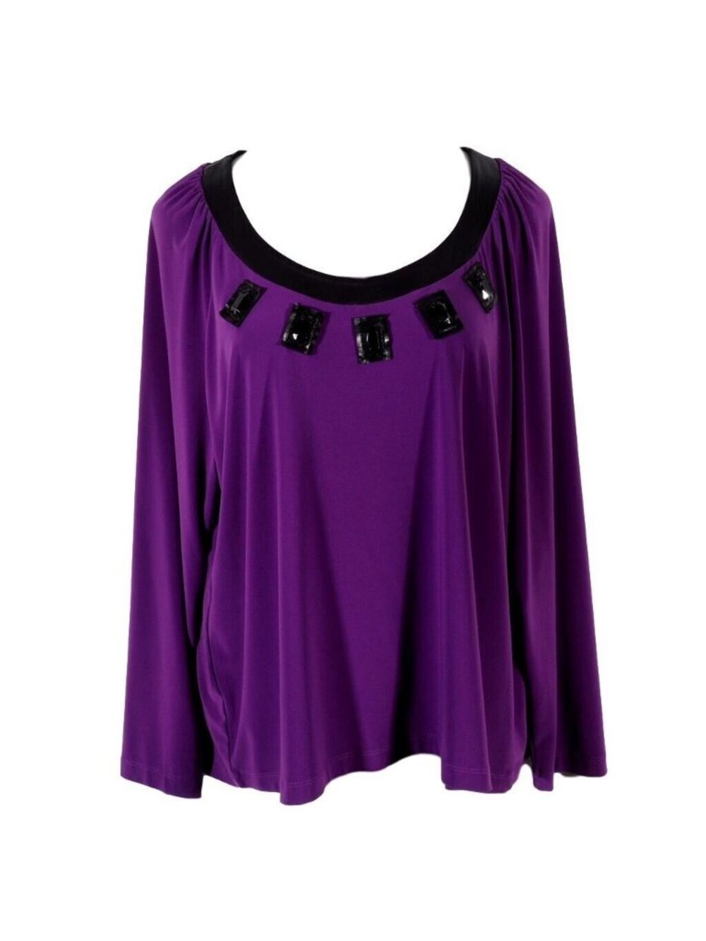 Picadilly Fashions Womens Top 2X Jewel Scoop Neck Purple Black Long Slv Stretch